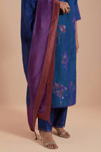 Blue Silk Chanderi Quilted Organza & Brocade Floral Appliqué straight long Kurta set.