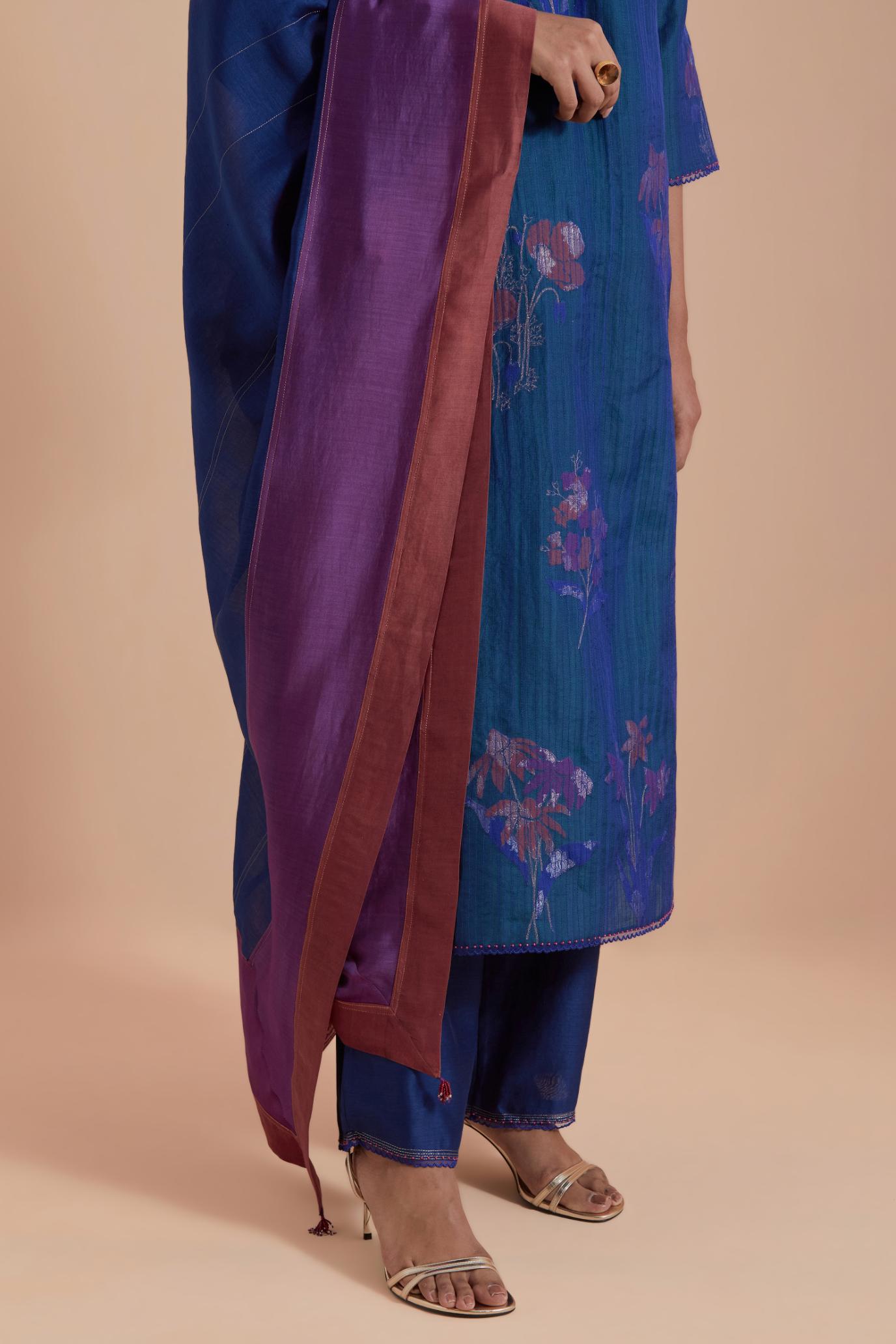Blue Silk Chanderi Quilted Organza & Brocade Floral Appliqué straight long Kurta set.