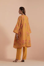 Mustard Silk Chanderi Quilted Organza & Brocade Floral Appliqué short A-line Kurta set.