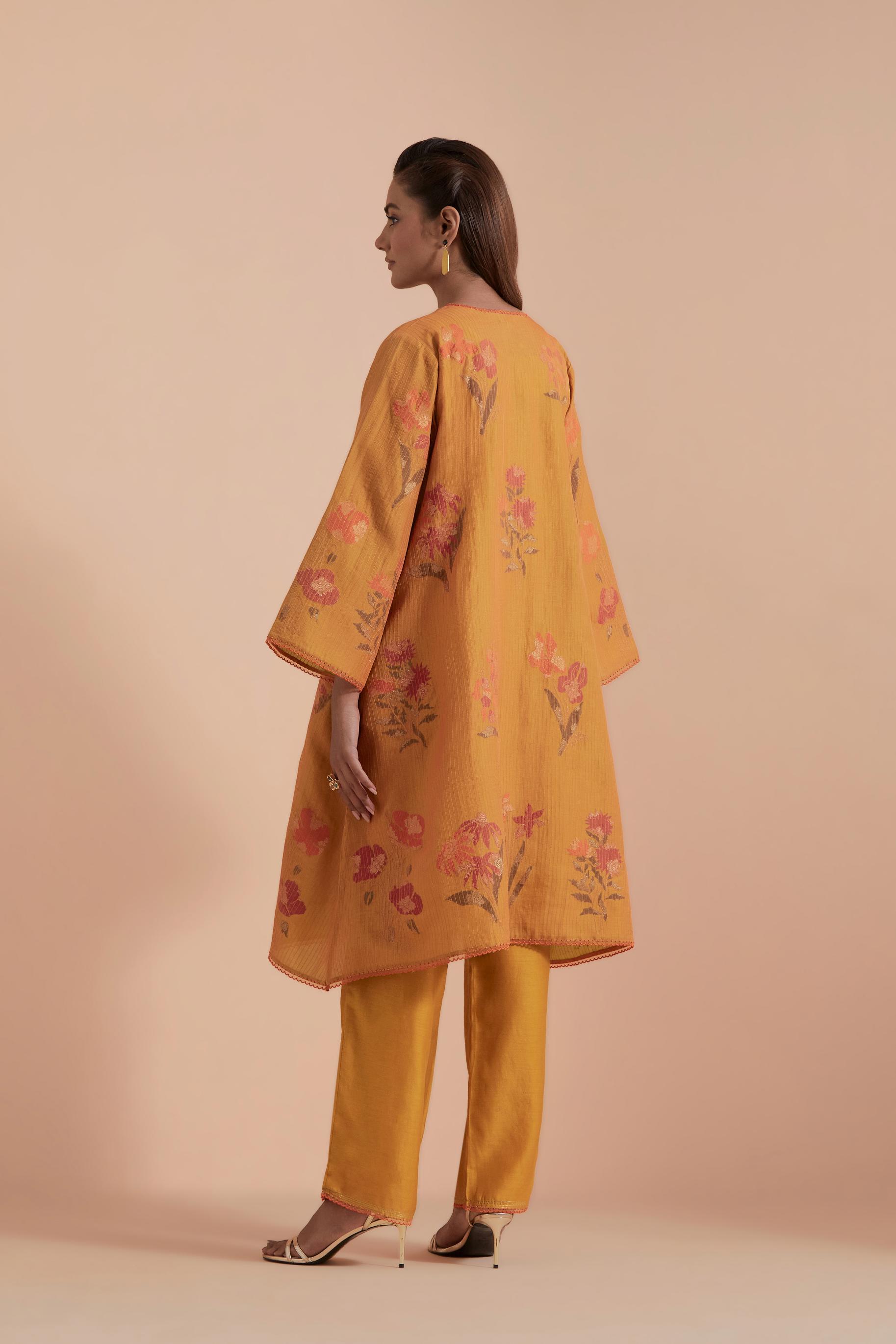 Mustard Silk Chanderi Quilted Organza & Brocade Floral Appliqué short A-line Kurta set.