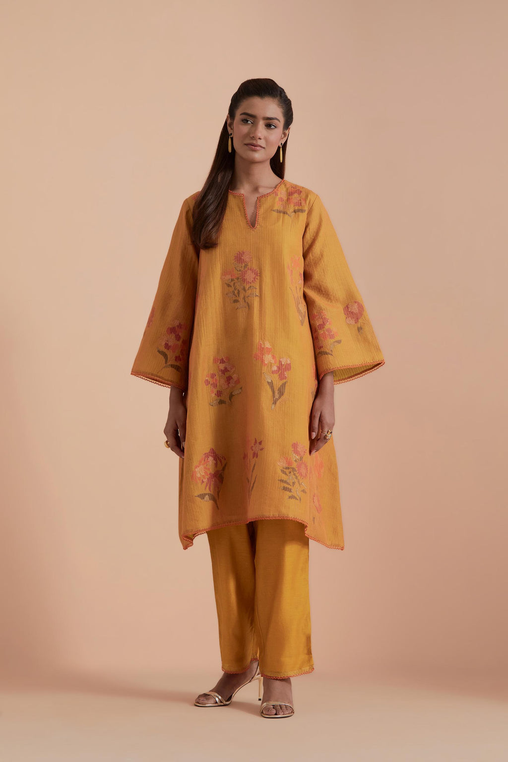 Mustard Silk Chanderi Quilted Organza & Brocade Floral Appliqué short A-line Kurta set.