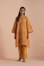Mustard Silk Chanderi Quilted Organza & Brocade Floral Appliqué short A-line Kurta set.