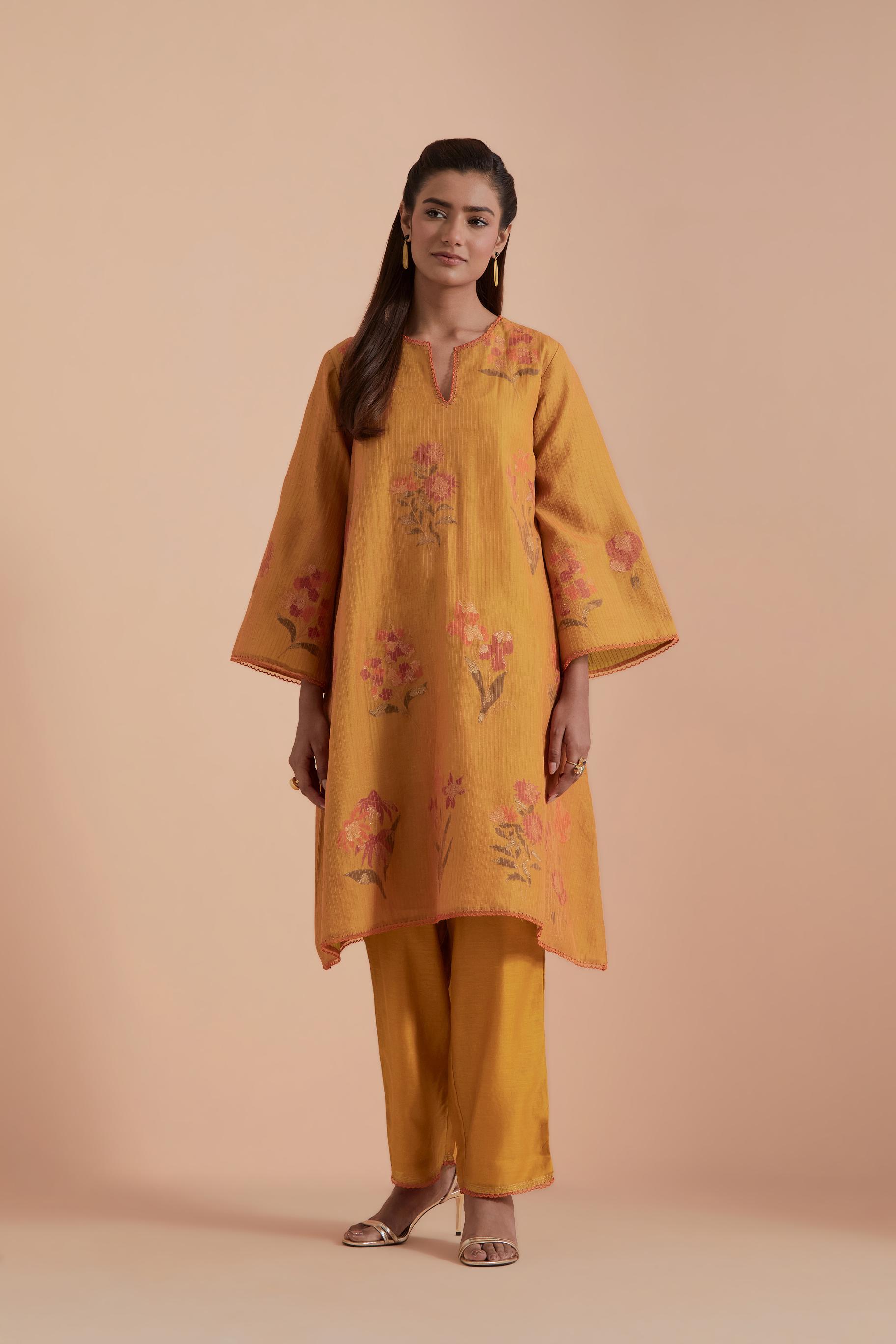 Mustard Silk Chanderi Quilted Organza & Brocade Floral Appliqué short A-line Kurta set.