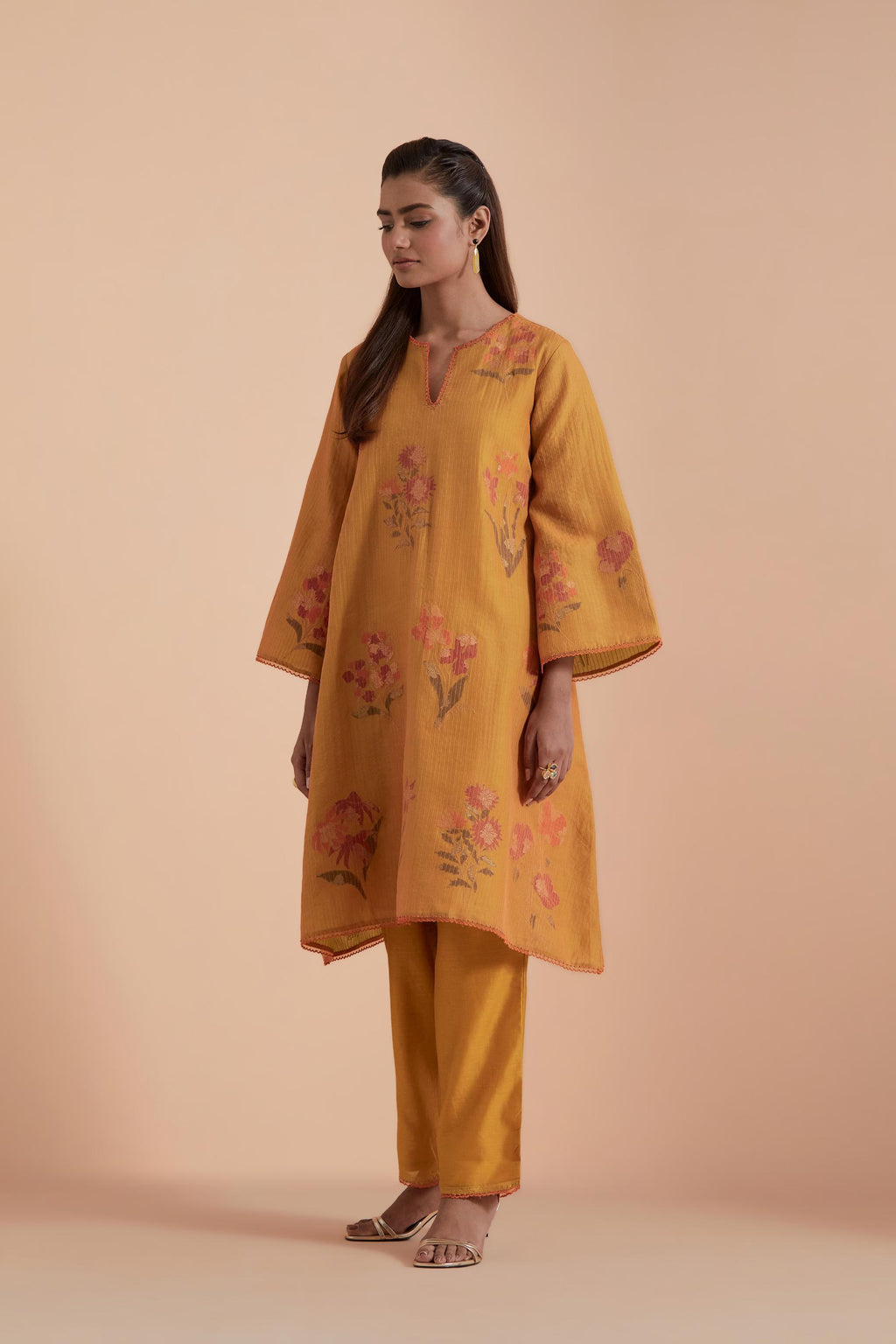 Mustard Silk Chanderi Quilted Organza & Brocade Floral Appliqué short A-line Kurta set.