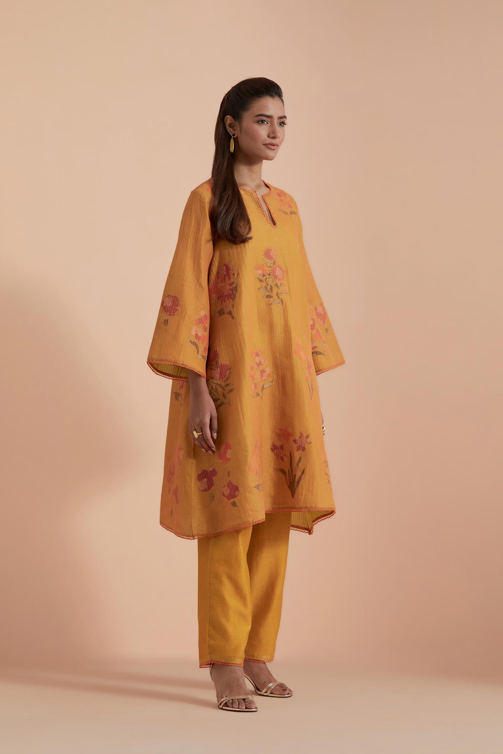 Mustard Silk Chanderi Quilted Organza & Brocade Floral Appliqué short A-line Kurta set.