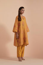 Mustard Silk Chanderi Quilted Organza & Brocade Floral Appliqué short A-line Kurta set.