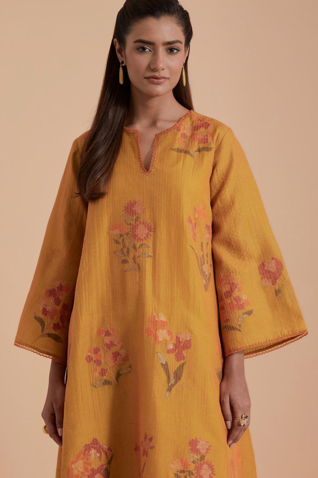 Mustard Silk Chanderi Quilted Organza & Brocade Floral Appliqué short A-line Kurta set.