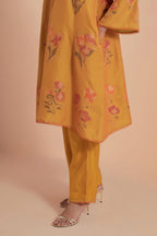 Mustard Silk Chanderi Quilted Organza & Brocade Floral Appliqué short A-line Kurta set.