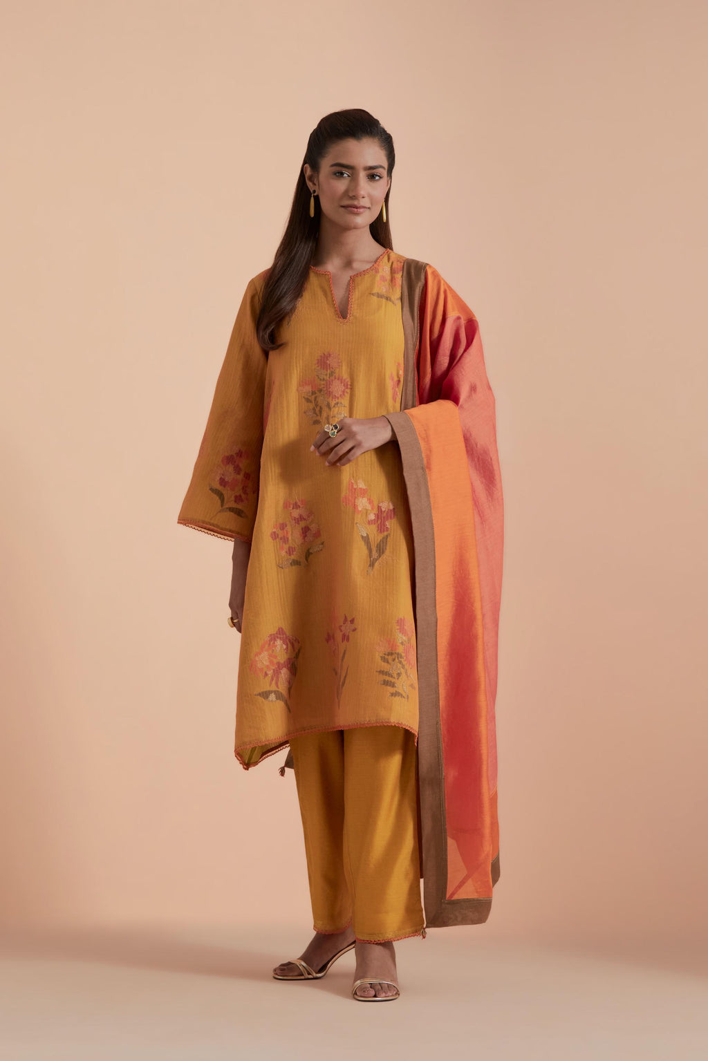 Mustard Silk Chanderi Quilted Organza & Brocade Floral Appliqué short A-line Kurta set.