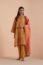 Mustard Silk Chanderi Quilted Organza & Brocade Floral Appliqué short A-line Kurta set.