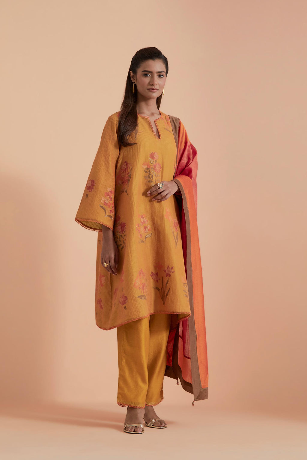 Mustard Silk Chanderi Quilted Organza & Brocade Floral Appliqué short A-line Kurta set.