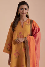 A silk chanderi three-tone dupatta in a beautiful gradient effect featuring delicate golden zari quilting all over.