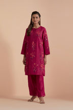 Fuchsia Silk Chanderi Quilted Organza & Brocade Floral Appliqué short easy fit Kurta set.