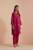 Fuchsia Silk Chanderi Quilted Organza & Brocade Floral Appliqué short easy fit Kurta set.