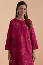 Fuchsia Silk Chanderi Quilted Organza & Brocade Floral Appliqué short easy fit Kurta set.