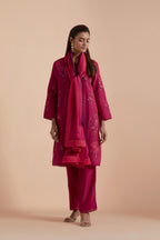 Fuchsia Silk Chanderi Quilted Organza & Brocade Floral Appliqué short easy fit Kurta set.
