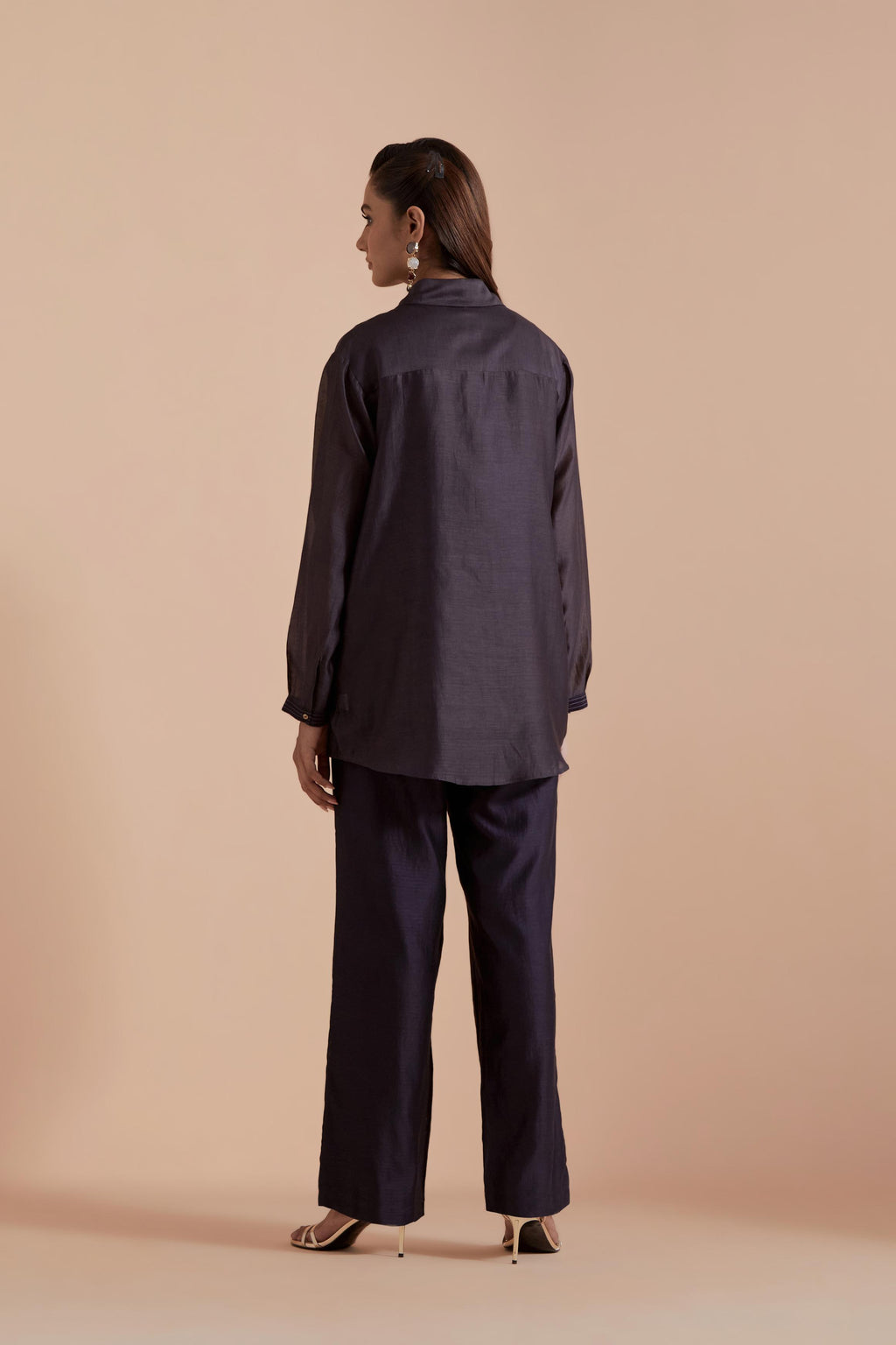 Dark grey Silk Chanderi Shirt with Quilted Organza & Brocade Floral Appliqué Yoke. Paired with dark grey silk chanderi straight pants.
