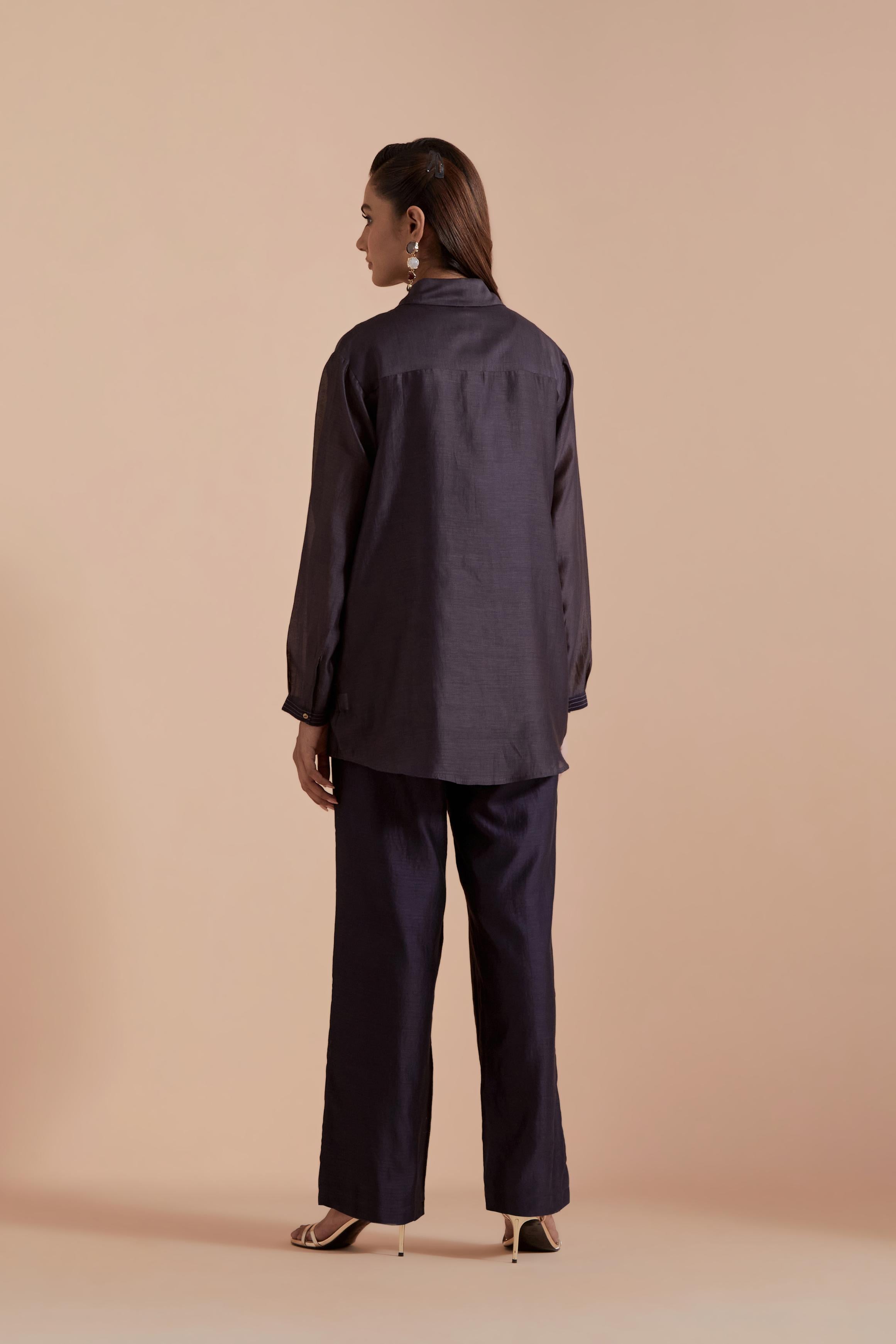 Dark grey Silk Chanderi Shirt with Quilted Organza & Brocade Floral Appliqué Yoke. Paired with dark grey silk chanderi straight pants.