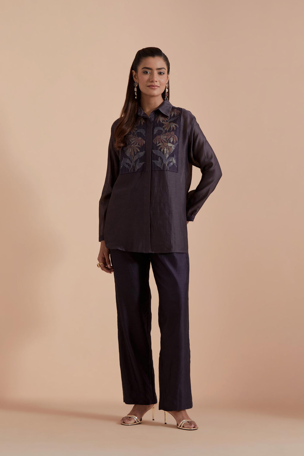 Dark grey Silk Chanderi Shirt with Quilted Organza & Brocade Floral Appliqué Yoke. Paired with dark grey silk chanderi straight pants.
