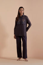 Dark grey Silk Chanderi Shirt with Quilted Organza & Brocade Floral Appliqué Yoke. Paired with dark grey silk chanderi straight pants.
