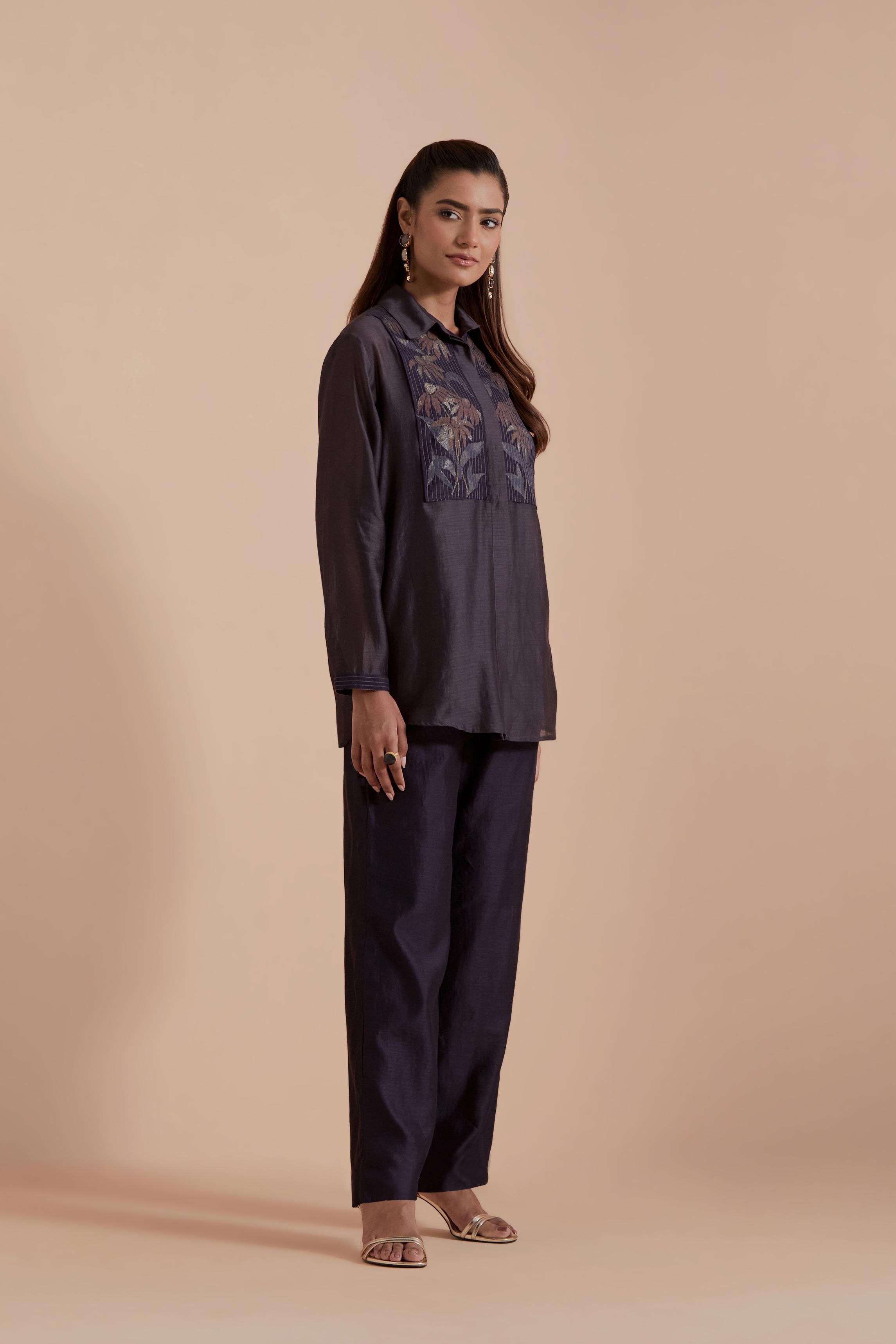 Dark grey Silk Chanderi Shirt with Quilted Organza & Brocade Floral Appliqué Yoke. Paired with dark grey silk chanderi straight pants.