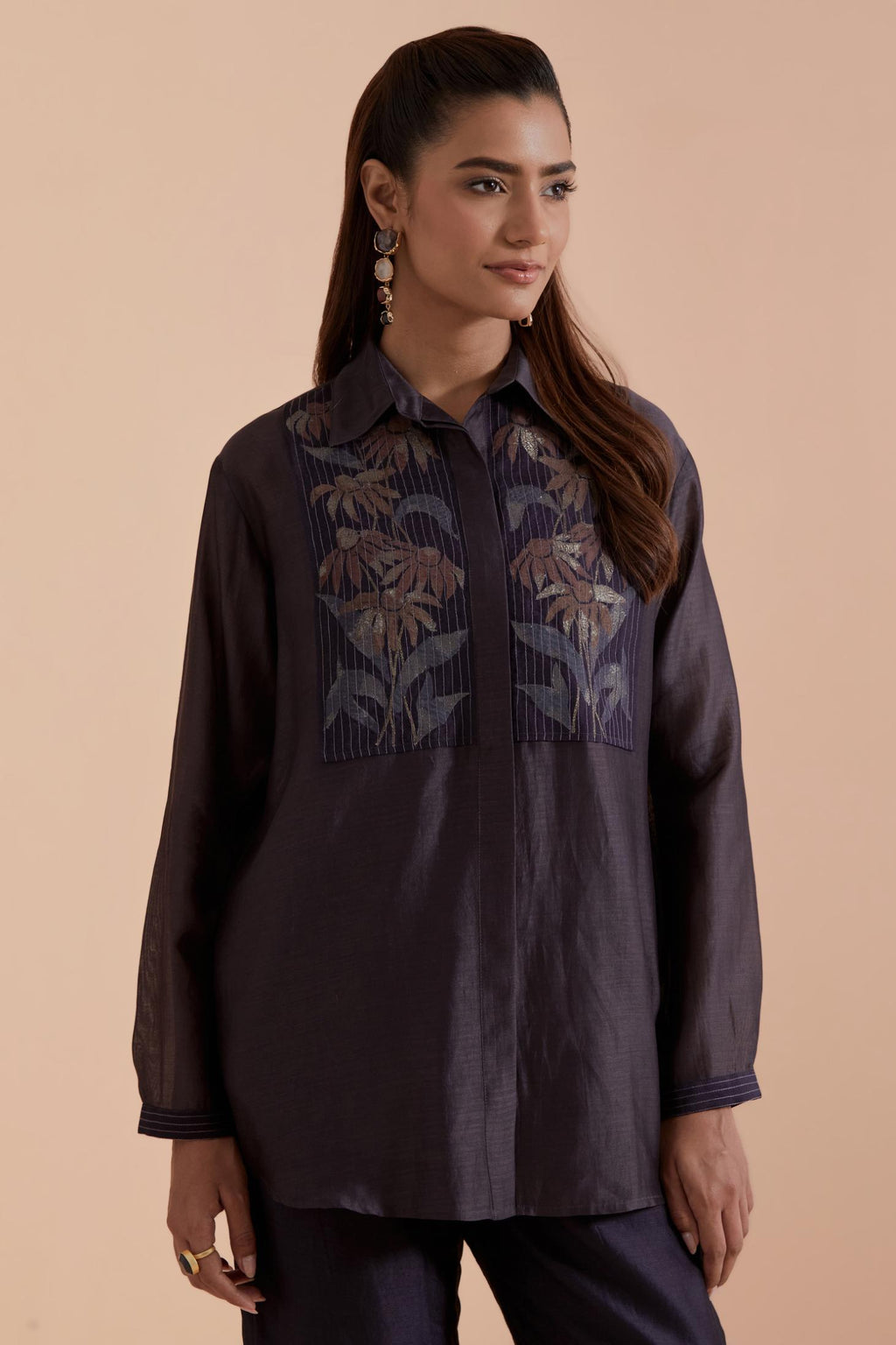 Dark grey Silk Chanderi Shirt with Quilted Organza & Brocade Floral Appliqué Yoke. Paired with dark grey silk chanderi straight pants.