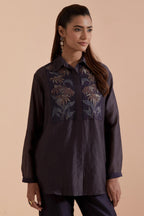 Dark grey Silk Chanderi Shirt with Quilted Organza & Brocade Floral Appliqué Yoke. Paired with dark grey silk chanderi straight pants.