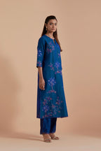 Silk Chanderi Quilted Organza & Brocade Floral Appliqué straight long Kurta set.