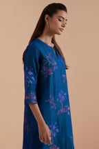 Silk Chanderi Quilted Organza & Brocade Floral Appliqué straight long Kurta set.