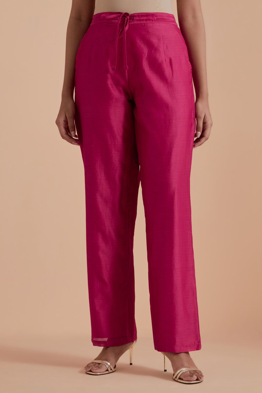 Dark pink silk chanderi straight pants.