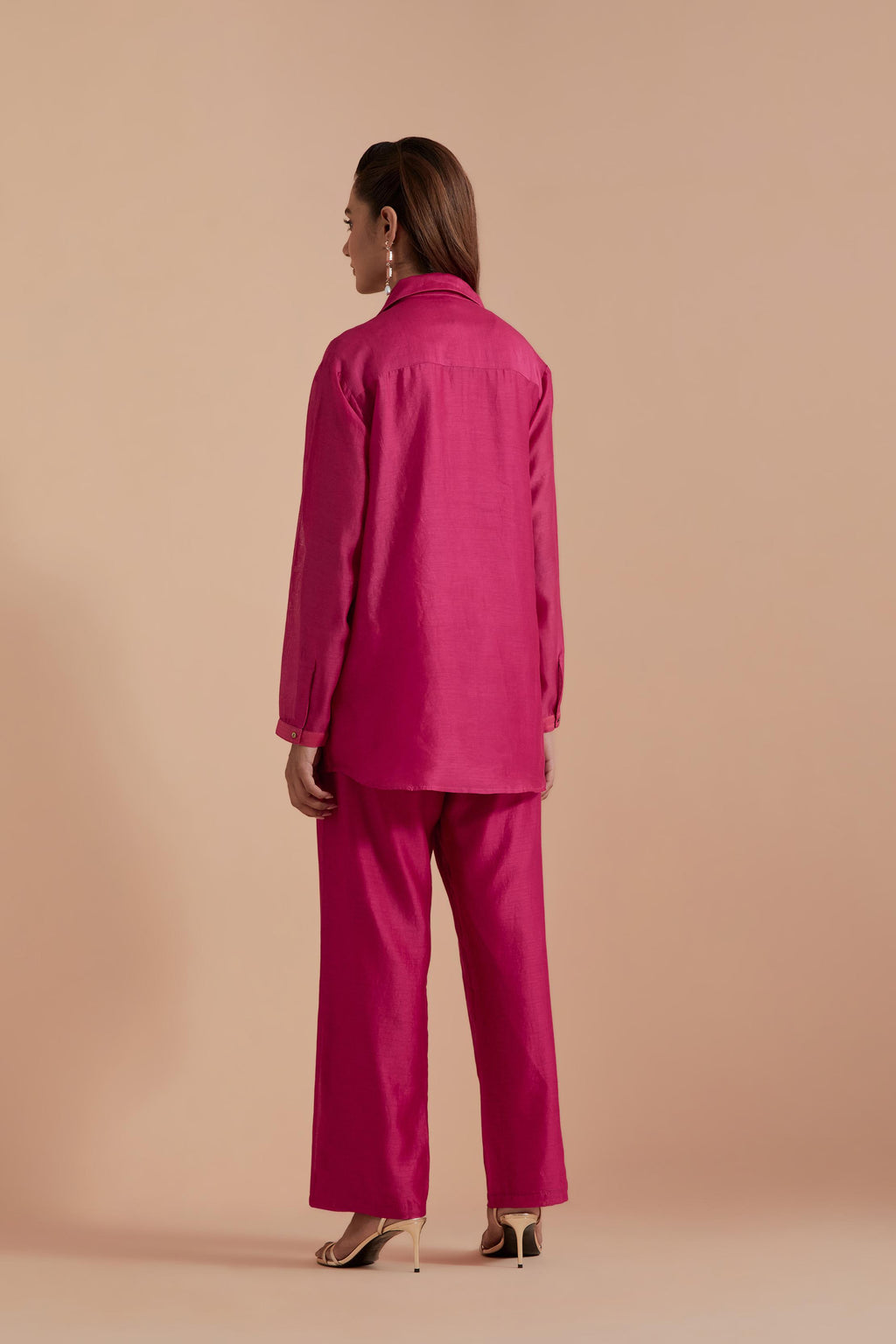 Fuchsia Silk Chanderi Shirt with Quilted Organza & Brocade Floral Appliqué Yoke. Paired with dark pink silk chanderi straight pants.