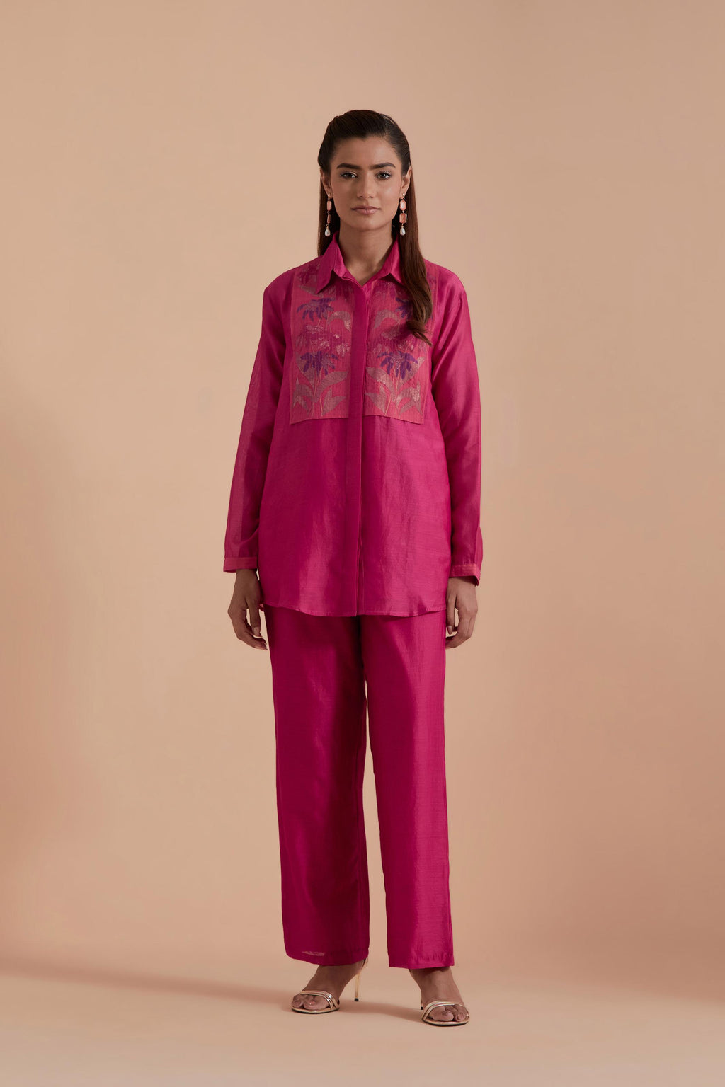 Fuchsia Silk Chanderi Shirt with Quilted Organza & Brocade Floral Appliqué Yoke. Paired with dark pink silk chanderi straight pants.