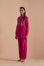 Fuchsia Silk Chanderi Shirt with Quilted Organza & Brocade Floral Appliqué Yoke. Paired with dark pink silk chanderi straight pants.