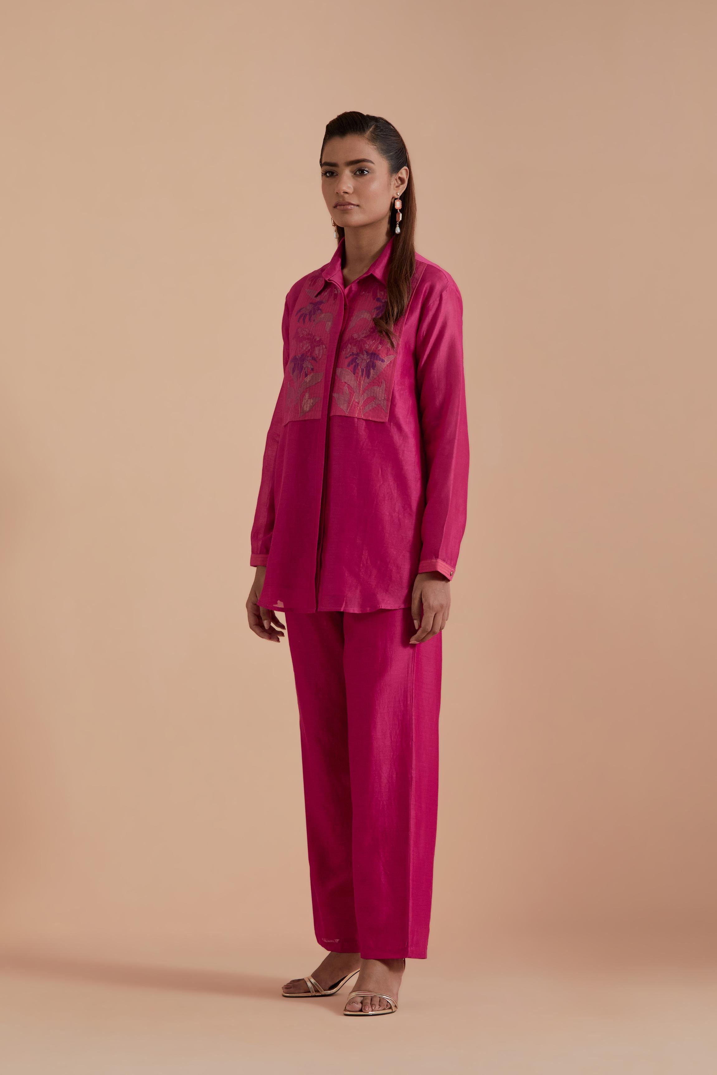 Fuchsia Silk Chanderi Shirt with Quilted Organza & Brocade Floral Appliqué Yoke. Paired with dark pink silk chanderi straight pants.