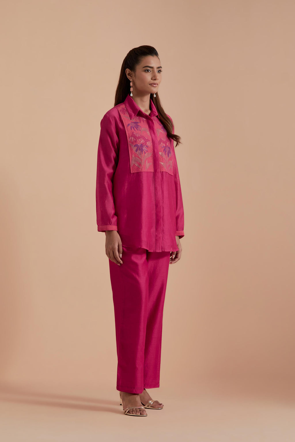 Fuchsia Silk Chanderi Shirt with Quilted Organza & Brocade Floral Appliqué Yoke. Paired with dark pink silk chanderi straight pants.