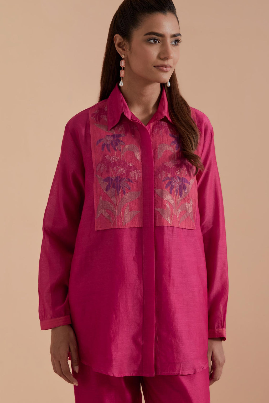 Fuchsia Silk Chanderi Shirt with Quilted Organza & Brocade Floral Appliqué Yoke. Paired with dark pink silk chanderi straight pants.