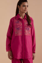 Fuchsia Silk Chanderi Shirt with Quilted Organza & Brocade Floral Appliqué Yoke. Paired with dark pink silk chanderi straight pants.
