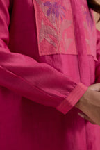 Fuchsia Silk Chanderi Shirt with Quilted Organza & Brocade Floral Appliqué Yoke. Paired with dark pink silk chanderi straight pants.