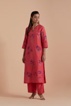 Carrot pink Silk Chanderi Quilted Organza & Brocade Floral Appliqué straight long Kurta set.