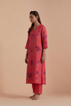 Carrot pink Silk Chanderi Quilted Organza & Brocade Floral Appliqué straight long Kurta set.