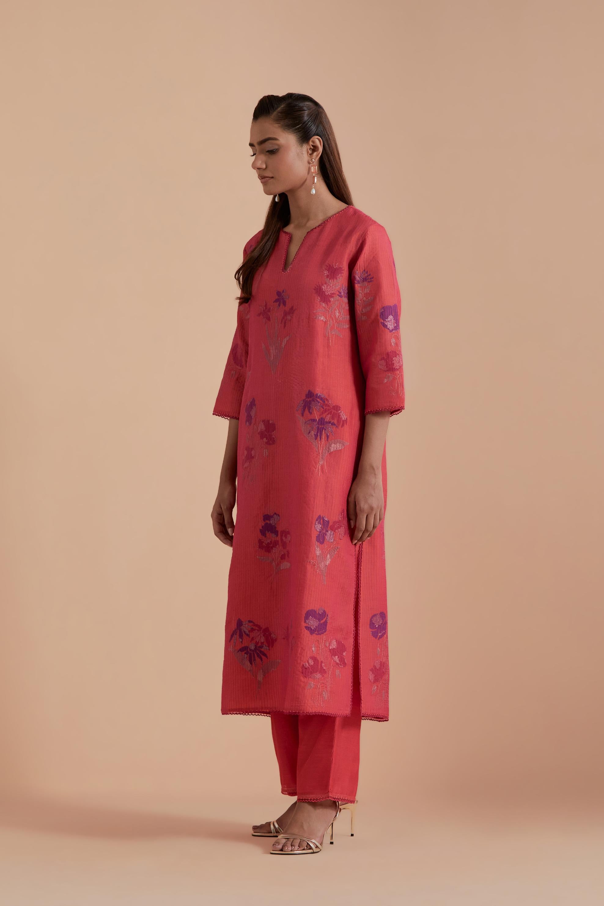 Carrot pink Silk Chanderi Quilted Organza & Brocade Floral Appliqué straight long Kurta set.