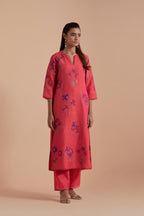 Carrot pink Silk Chanderi Quilted Organza & Brocade Floral Appliqué straight long Kurta set.