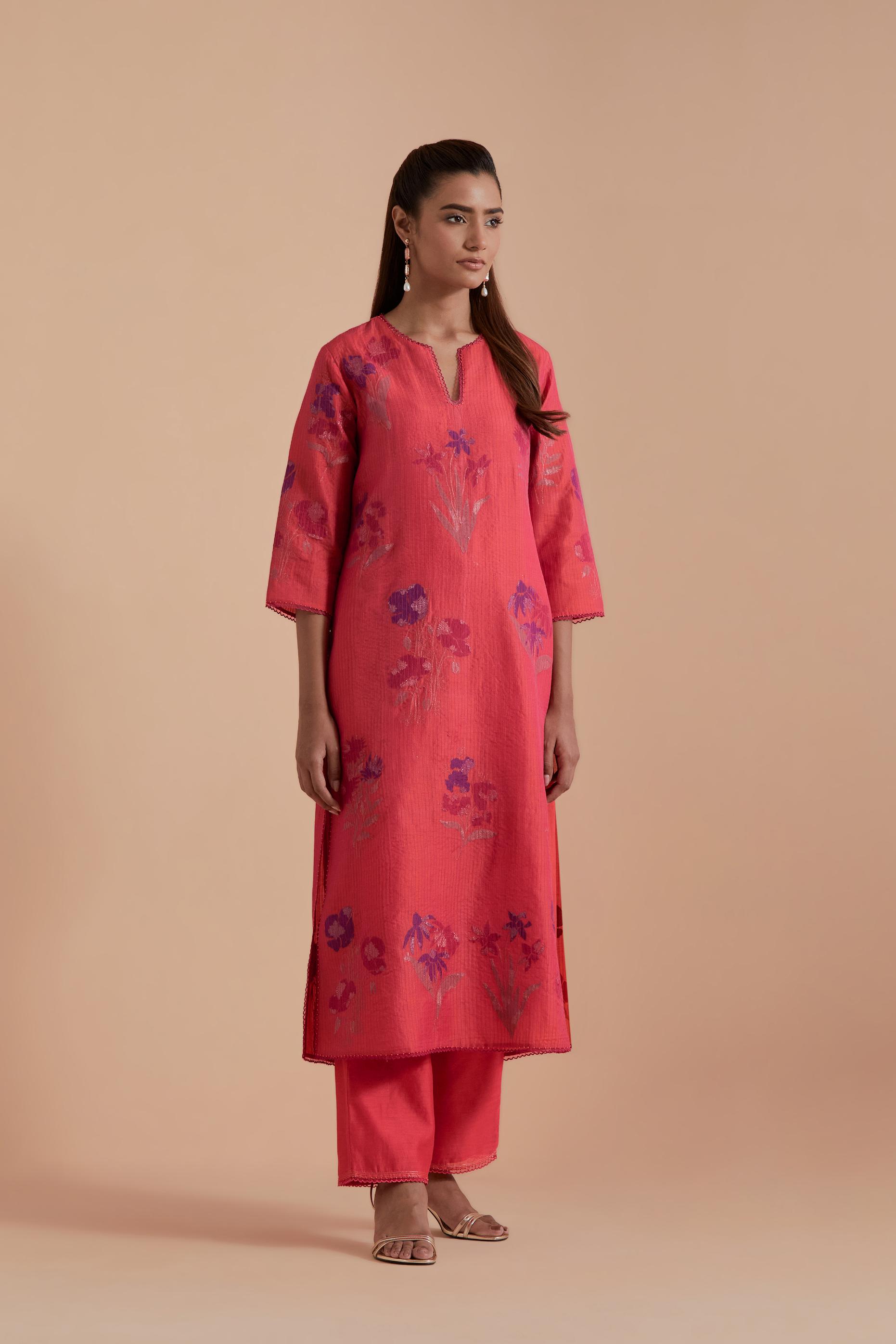 Carrot pink Silk Chanderi Quilted Organza & Brocade Floral Appliqué straight long Kurta set.