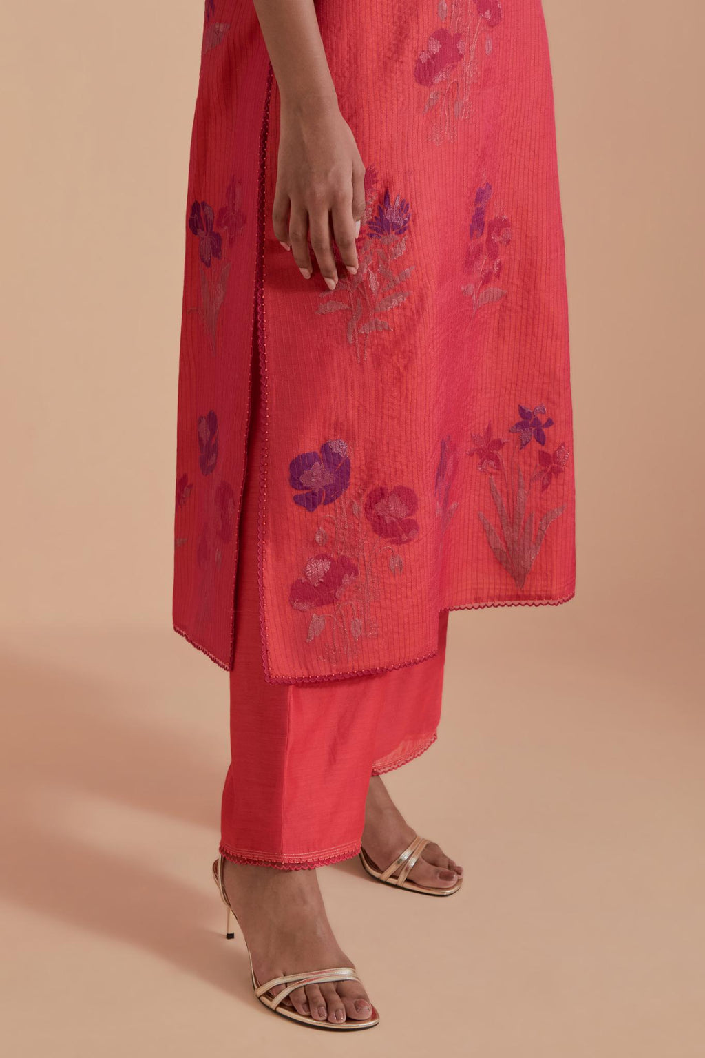 Carrot pink Silk Chanderi Quilted Organza & Brocade Floral Appliqué straight long Kurta set.