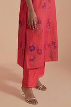 Carrot pink Silk Chanderi Quilted Organza & Brocade Floral Appliqué straight long Kurta set.
