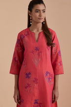 Carrot pink Silk Chanderi Quilted Organza & Brocade Floral Appliqué straight long Kurta set.