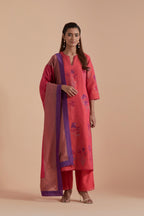 Carrot pink Silk Chanderi Quilted Organza & Brocade Floral Appliqué straight long Kurta set.