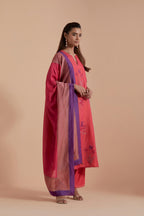 Carrot pink Silk Chanderi Quilted Organza & Brocade Floral Appliqué straight long Kurta set.
