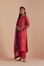 Carrot pink Silk Chanderi Quilted Organza & Brocade Floral Appliqué straight long Kurta set.