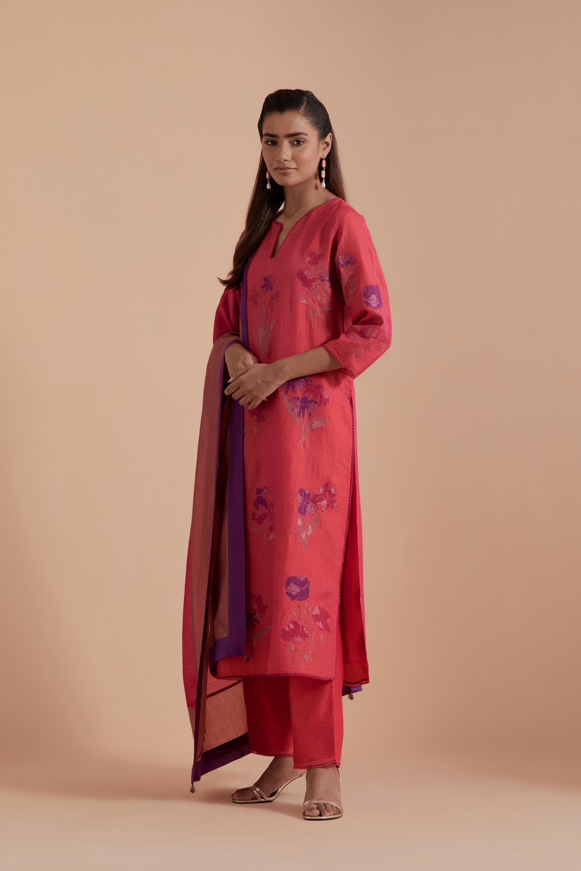 Carrot pink Silk Chanderi Quilted Organza & Brocade Floral Appliqué straight long Kurta set.